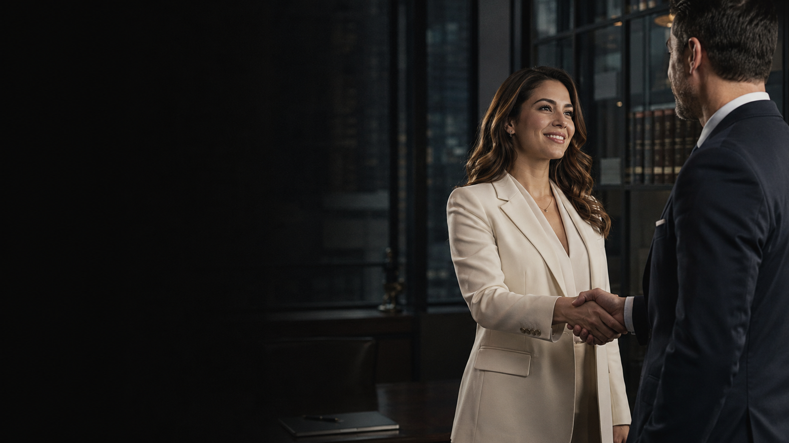 Legal professionals completing a handshake in a modern law office