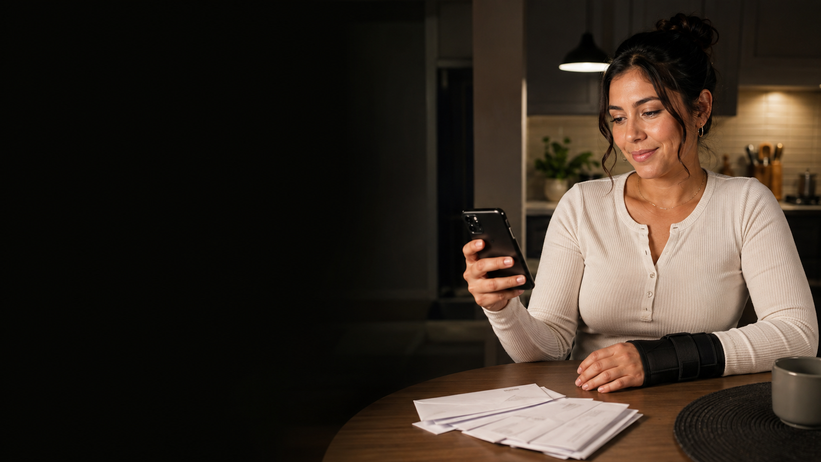Plaintiff reviewing a cash advance update while managing household bills